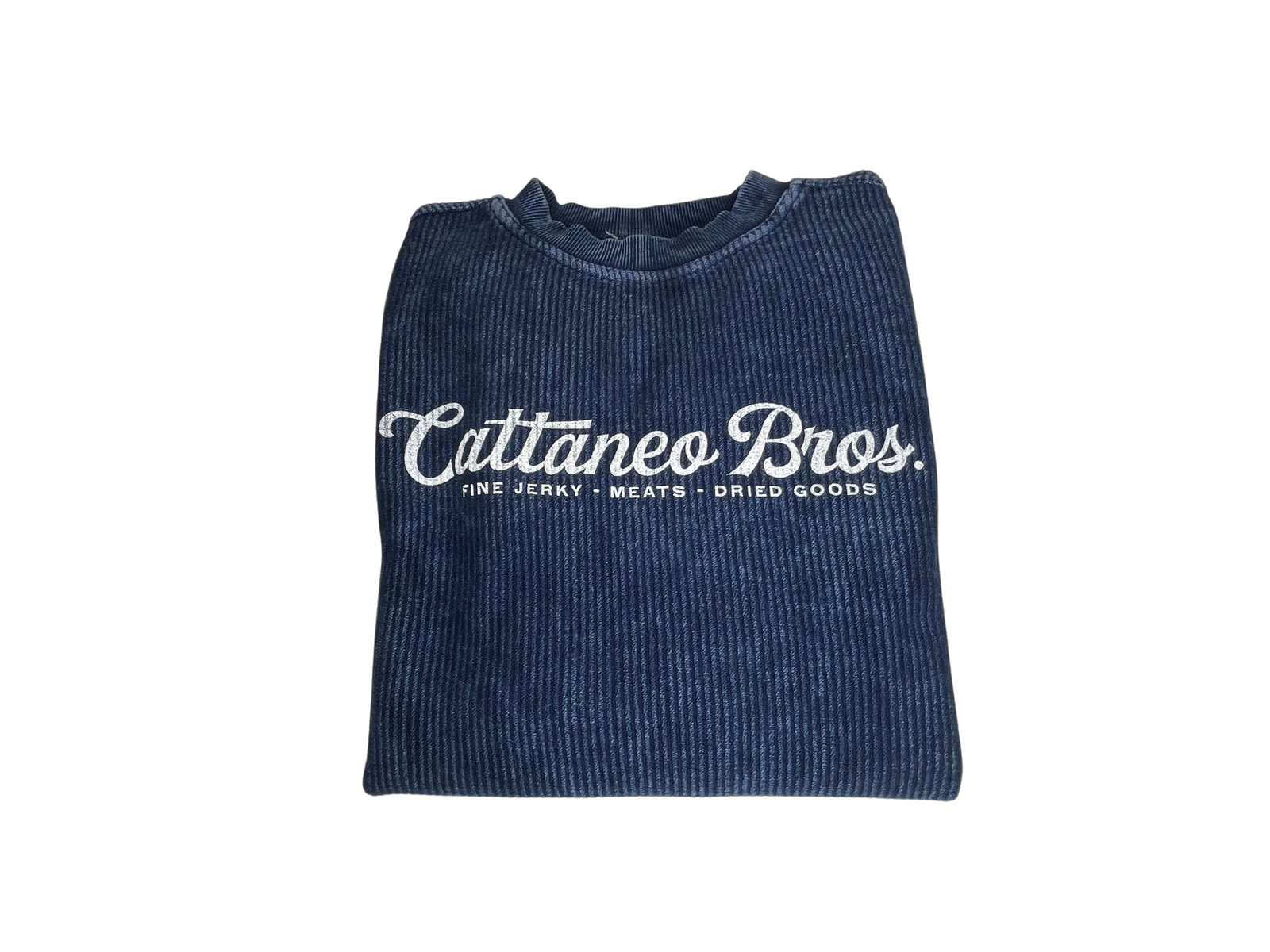 Folded navy corduroy sweatshirt with Cattaneo Bros. logo