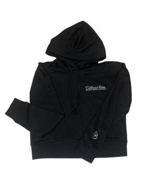 Black hoodie with white logos laid flat