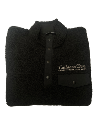 Folded black fleece pullover with embroidered logo
