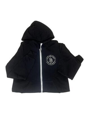 Black zip-up hoodie with white chest logo