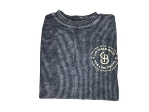 Folded charcoal ribbed crewneck sweater with logo