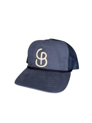 Navy trucker cap with cream embroidered logo