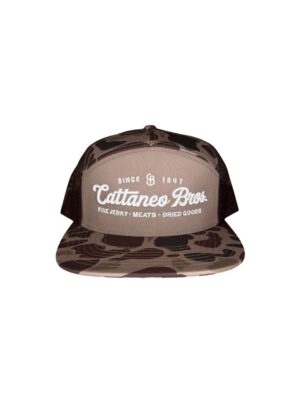 Camo trucker hat with Cattaneo Bros. logo