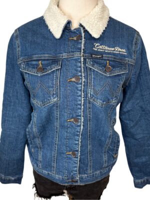 Blue denim jacket with sherpa collar